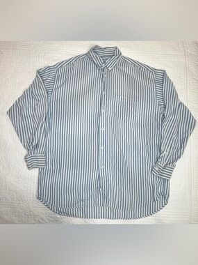 Saks Fifth Avenue Blue and White Vertical Stripe Button-Down Shirt Large Silk